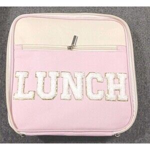 Preppy Lunch Bag Insulated Lunch Box Pink White Fuzzy Embroiderd Wording New